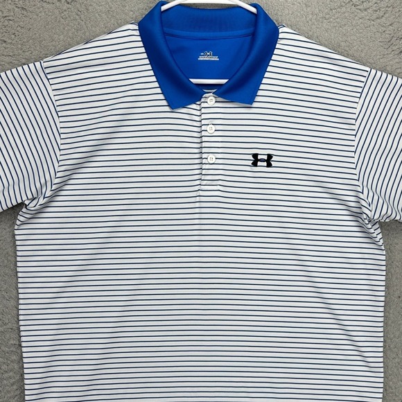 Under Armour Men Golf Polo Shirt Large Blue White Stripe Short Sleeve Rugby Logo - Picture 1 of 9